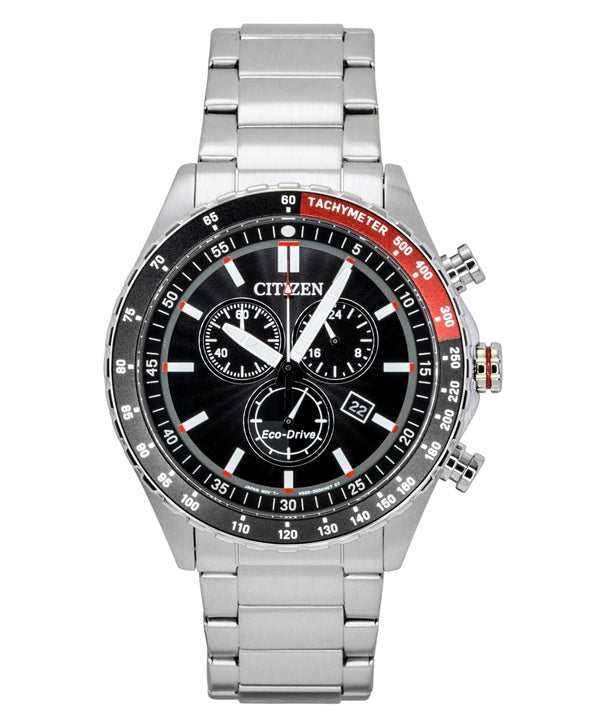 Orologio da uomo Citizen Eco-Drive Chronograph in acciaio inossidabile con quadrante nero, alimentazione solare AT2566-88E, impermeabile fino a 100 metri.