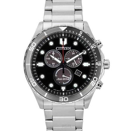 Orologio da uomo Citizen Sporty-Aqua Chronograph in acciaio inossidabile con quadrante nero Eco-Drive AT2568-82E 100M