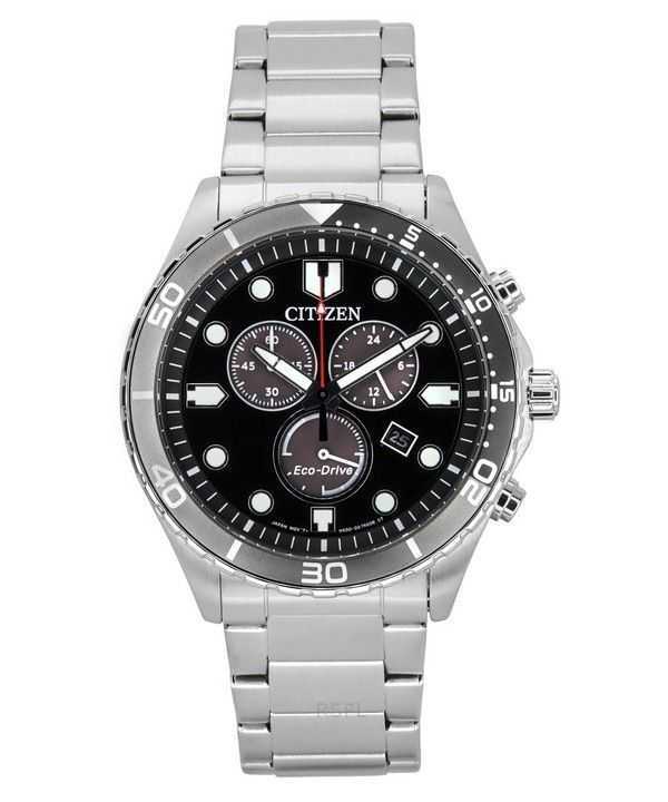 Orologio da uomo Citizen Sporty-Aqua Chronograph in acciaio inossidabile con quadrante nero Eco-Drive AT2568-82E 100M