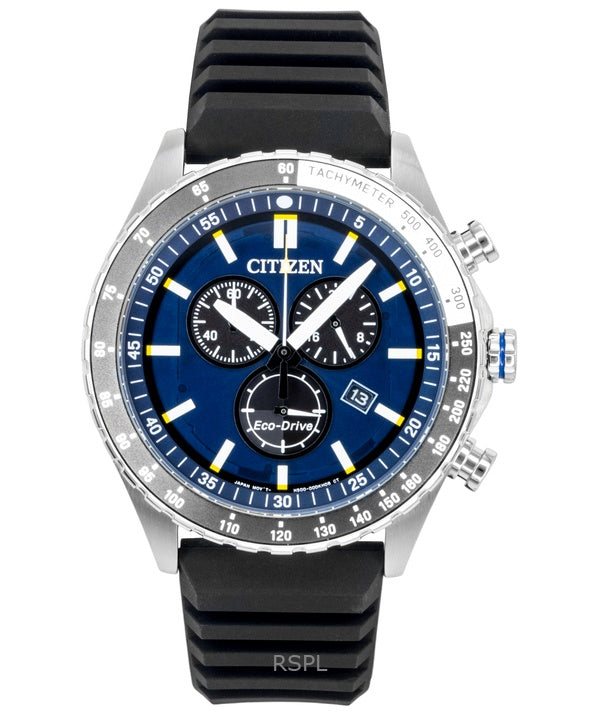 Orologio da uomo Citizen Eco-Drive Chronograph con cinturino in silicone e quadrante blu, modello AT2569-04L, impermeabile fino a 100 metri.