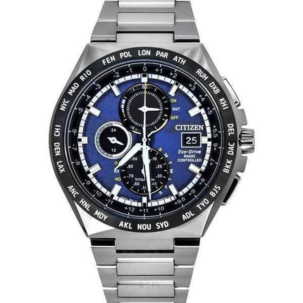 Orologio da uomo Citizen Eco-Drive Radiocontrollato GMT Cronografo Super Titanium Quadrante Blu AT8238-84L 100M