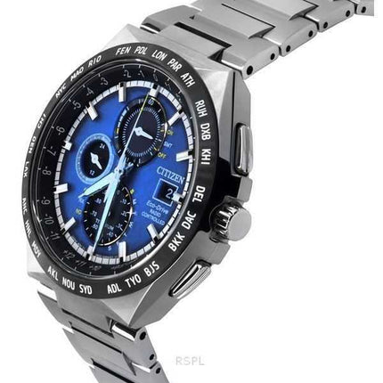 Orologio da uomo Citizen Eco-Drive Radiocontrollato GMT Cronografo Super Titanium Quadrante Blu AT8238-84L 100M