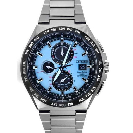 Orologio da uomo Citizen Eco-Drive Radiocontrollato GMT Cronografo Super Titanium Quadrante Azzurro AT8238-84M 100M