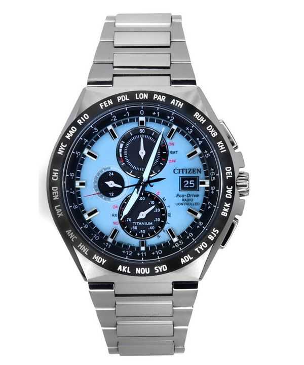 Orologio da uomo Citizen Eco-Drive Radiocontrollato GMT Cronografo Super Titanium Quadrante Azzurro AT8238-84M 100M