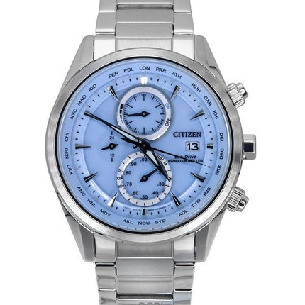 Orologio da uomo Citizen Eco-Drive Chronograph Radiocontrollato in acciaio inossidabile con quadrante blu ghiaccio AT8260-85M 10