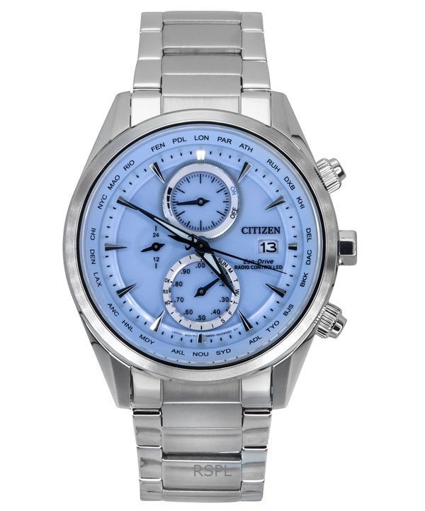 Orologio da uomo Citizen Eco-Drive Chronograph Radiocontrollato in acciaio inossidabile con quadrante blu ghiaccio AT8260-85M 10