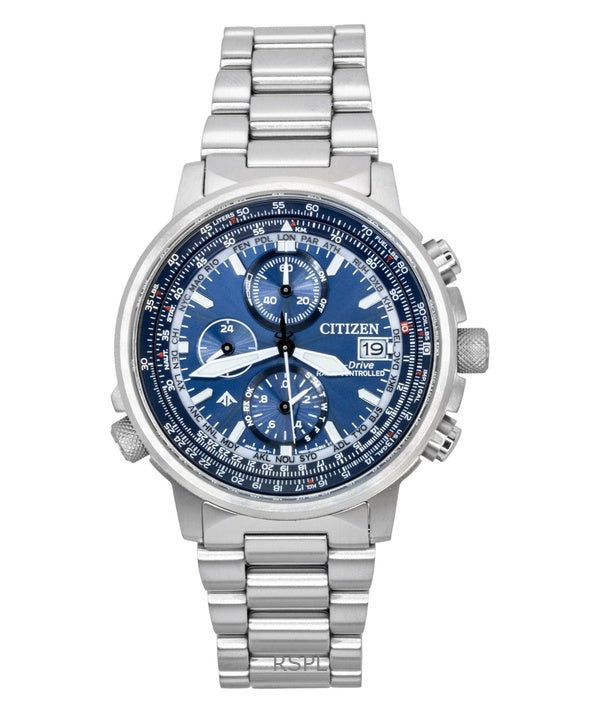Orologio da uomo Citizen Promaster Sky Eco-Drive Cronografo in acciaio inossidabile con quadrante blu, subacqueo AT8300-58L 200M