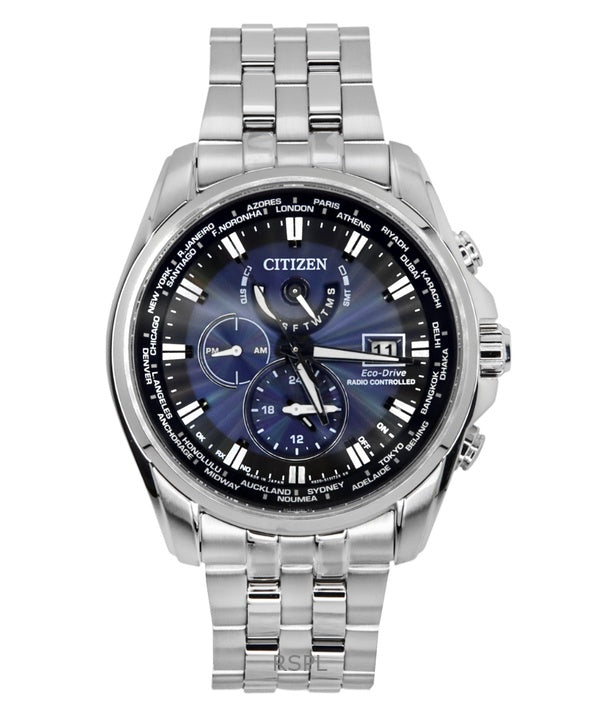 Orologio da uomo Citizen Eco-Drive Radiocontrollato in acciaio inossidabile con quadrante blu, Diver&#39;s AT9031-52L 200M