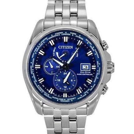 Orologio da uomo Citizen Eco-Drive Perpetual Calendar GMT Cronografo in acciaio inossidabile con quadrante blu Diver&#39;s AT912