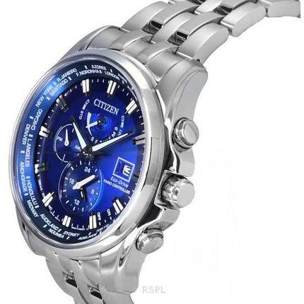 Orologio da uomo Citizen Eco-Drive Perpetual Calendar GMT Cronografo in acciaio inossidabile con quadrante blu Diver&#39;s AT912