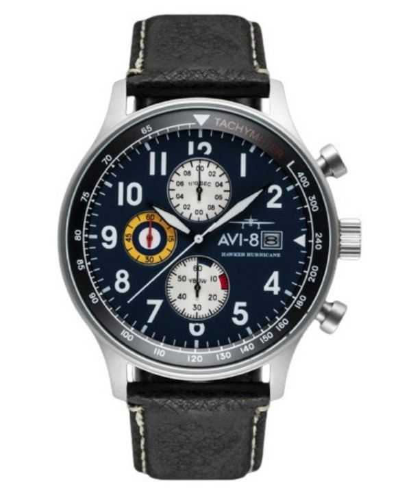 Orologio da uomo AVI-8 Hawker Hurricane classico cronografo mezzanotte cinturino in pelle nera quadrante blu al quarzo AV-4011-0