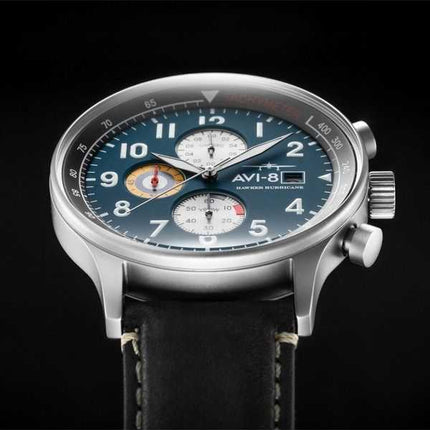 Orologio da uomo AVI-8 Hawker Hurricane classico cronografo mezzanotte cinturino in pelle nera quadrante blu al quarzo AV-4011-0