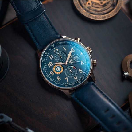 Orologio da uomo AVI-8 Hawker Hurricane classico cronografo regent blu cinturino in pelle quadrante blu al quarzo AV-4011-0Q