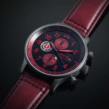 Orologio da uomo AVI-8 Hawker Hurricane Classic Chronograph con cinturino in pelle rosso sangue e quadrante nero al quarzo AV-40
