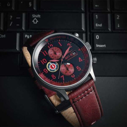 Orologio da uomo AVI-8 Hawker Hurricane Classic Chronograph con cinturino in pelle rosso sangue e quadrante nero al quarzo AV-40