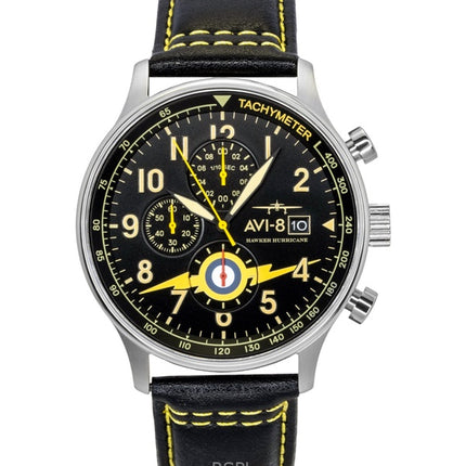 Orologio da uomo AVI-8 Hawker Hurricane Classic Chronograph con cinturino in pelle e quadrante nero, movimento al quarzo, modello AV-4011-0Z, con cinturino extra.