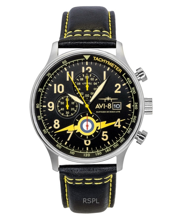 Orologio da uomo AVI-8 Hawker Hurricane Classic Chronograph con cinturino in pelle e quadrante nero, movimento al quarzo, modello AV-4011-0Z, con cinturino extra.