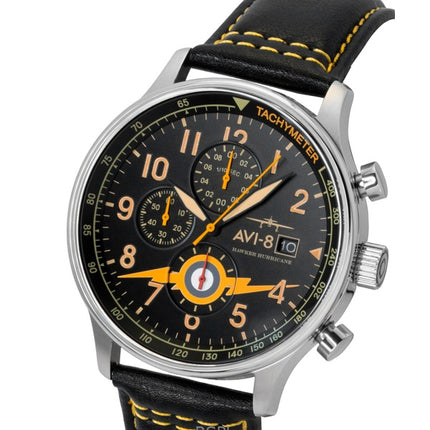 Orologio da uomo AVI-8 Hawker Hurricane Classic Chronograph con cinturino in pelle e quadrante nero, movimento al quarzo, modello AV-4011-0Z, con cinturino extra.