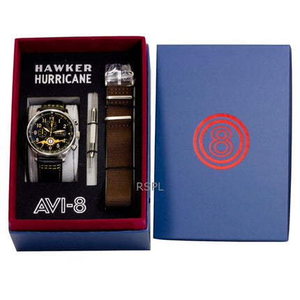 Orologio da uomo AVI-8 Hawker Hurricane Classic Chronograph con cinturino in pelle e quadrante nero, movimento al quarzo, modello AV-4011-0Z, con cinturino extra.