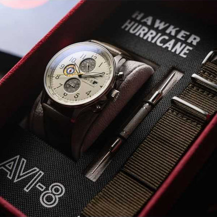 Orologio da uomo AVI-8 Hawker Hurricane Classic Chronograph Khaki Dial Quartz AV-4011-1B con cinturino extra