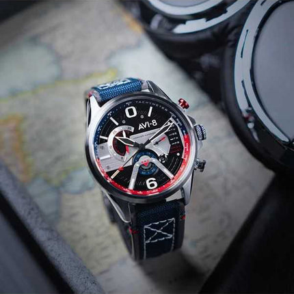 Orologio da uomo AVI-8 Hawker Harrier Dual Retrograde Chronograph Admiral Black Steel Quadrante nero Quarzo AV-4056-09
