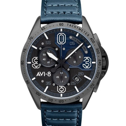 AVI-8 P-51 Mustang Blakeslee Cronografo Air Blue Cinturino in Pelle Quadrante Grigio e Blu Quarzo Orologio da Uomo AV-4077-04
