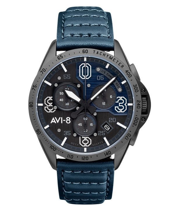 AVI-8 P-51 Mustang Blakeslee Cronografo Air Blue Cinturino in Pelle Quadrante Grigio e Blu Quarzo Orologio da Uomo AV-4077-04