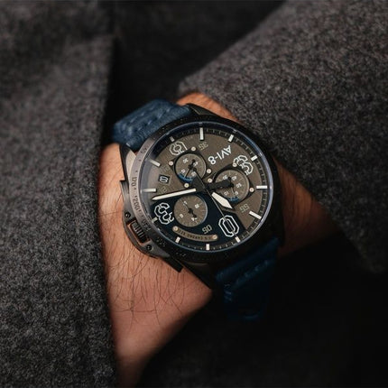 AVI-8 P-51 Mustang Blakeslee Cronografo Air Blue Cinturino in Pelle Quadrante Grigio e Blu Quarzo Orologio da Uomo AV-4077-04
