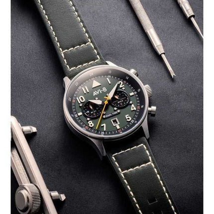 Orologio da uomo AVI-8 Hawker Hurricane Carey Dual Time Merville quadrante verde quarzo AV-4088-02