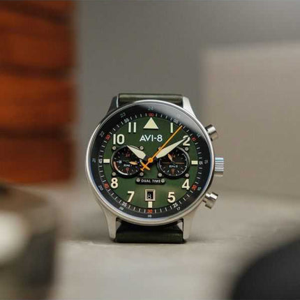 Orologio da uomo AVI-8 Hawker Hurricane Carey Dual Time Merville quadrante verde quarzo AV-4088-02
