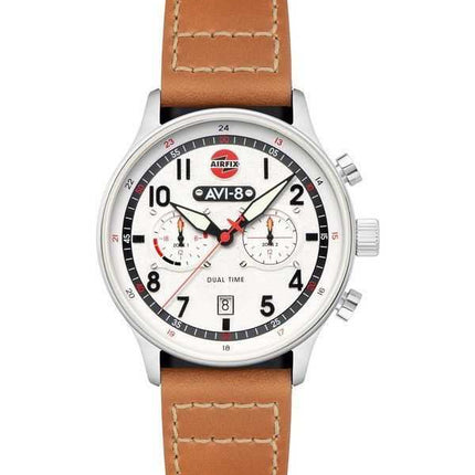 Orologio da uomo AVI-8 Hawker Hurricane Carey Dual Time Airfix Edition con cinturino in pelle argentata e quadrante bianco al qu