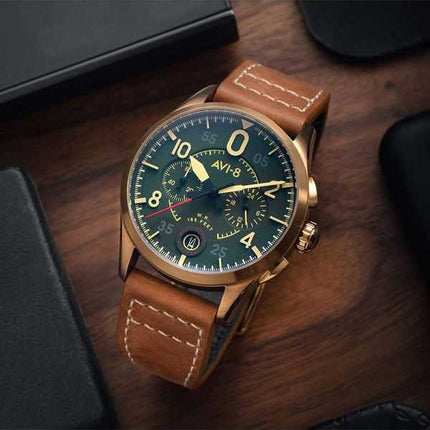 Orologio da uomo AVI-8 Spitfire Lock Cronografo Cinturino in pelle Bronzo Quadrante verde Quarzo AV-4089-02