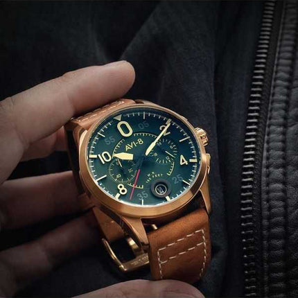 Orologio da uomo AVI-8 Spitfire Lock Cronografo Cinturino in pelle Bronzo Quadrante verde Quarzo AV-4089-02
