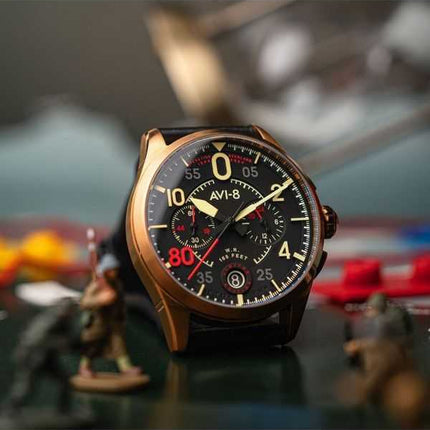 Orologio da uomo AVI-8 Spitfire Lock Chronograph D-Day 80 Limited Edition Sword Cinturino in pelle Quadrante nero Quarzo AV-4089