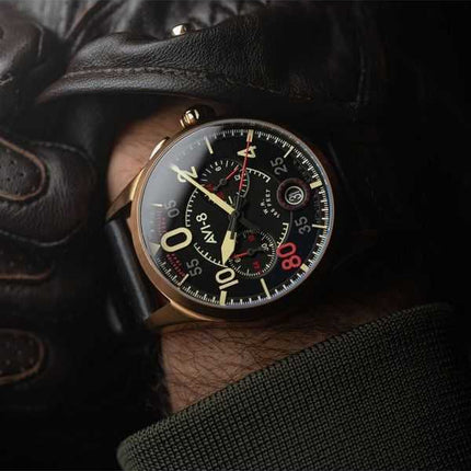 Orologio da uomo AVI-8 Spitfire Lock Chronograph D-Day 80 Limited Edition Sword Cinturino in pelle Quadrante nero Quarzo AV-4089