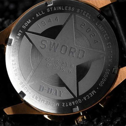 Orologio da uomo AVI-8 Spitfire Lock Chronograph D-Day 80 Limited Edition Sword Cinturino in pelle Quadrante nero Quarzo AV-4089