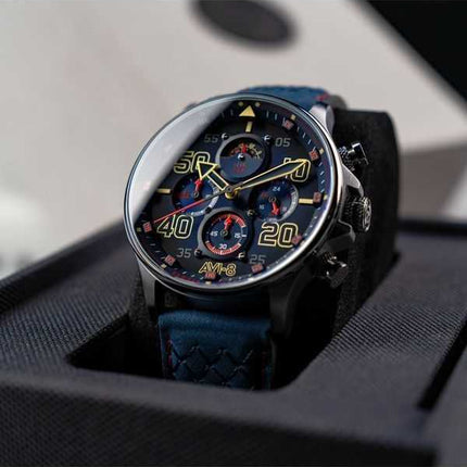 Orologio da uomo AVI-8 Hawker Typhoon Coningham Cronografo Rumbold Cinturino in pelle Quadrante blu Quarzo AV-4093-0C