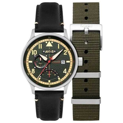 Orologio da uomo AVI-8 Hawker Hurricane Mckellar Dual Time Gothic Green Dial Quartz AV-4101-0A con cinturino extra