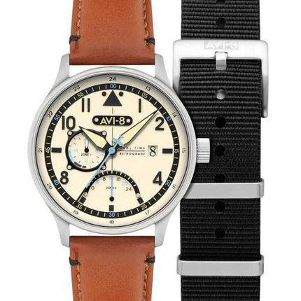 AVI-8 Hawker Hurricane Mckellar Dual Time Cinturino in pelle beige marrone Quadrante crema Orologio da uomo al quarzo AV-4101-0C