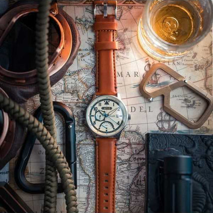 AVI-8 Hawker Hurricane Mckellar Dual Time Cinturino in pelle beige marrone Quadrante crema Orologio da uomo al quarzo AV-4101-0C