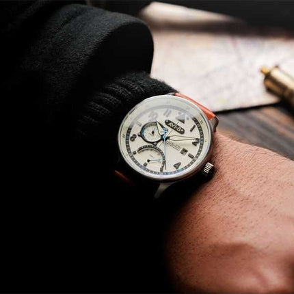 AVI-8 Hawker Hurricane Mckellar Dual Time Cinturino in pelle beige marrone Quadrante crema Orologio da uomo al quarzo AV-4101-0C