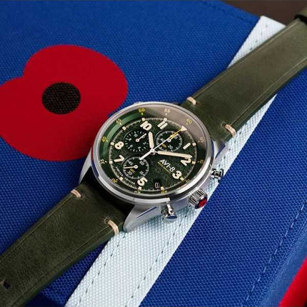 AVI-8 Flyboy Royal British Legion Tri-Service Cronografo Edizione limitata Marlborough Lines Quadrante verde al quarzo AV-4102-R