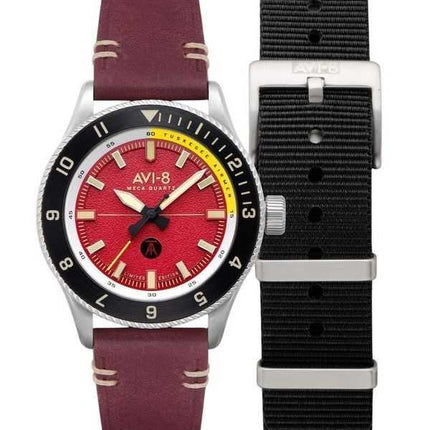 Orologio da uomo AVI-8 Flyboy Tuskegee Airmen Limited Edition Ramitelli Red Dial Quartz AV-4103-04 con cinturino extra