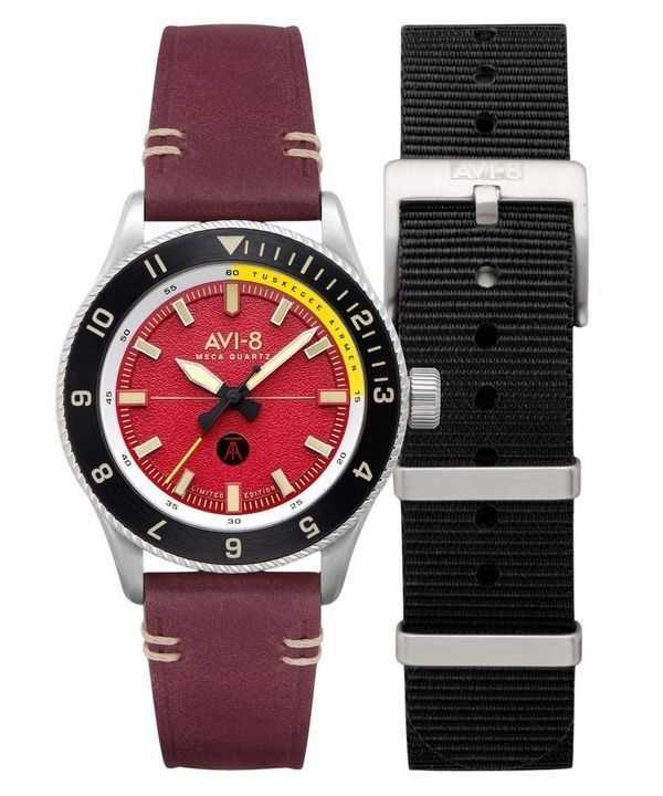 Orologio da uomo AVI-8 Flyboy Tuskegee Airmen Limited Edition Ramitelli Red Dial Quartz AV-4103-04 con cinturino extra