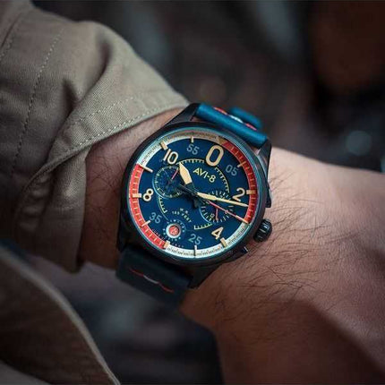 Orologio da uomo AVI-8 Spitfire P8331 Laguna Cronografo in edizione limitata Sumatra quadrante blu al quarzo AV-4105-01