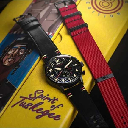 AVI-8 Flyboy Spirit Of Tuskegee Cronografo Edizione Limitata Quadrante Nero Quarzo AV-4109-01 Orologio da Uomo con Cinturino Ext