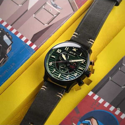 AVI-8 Flyboy Spirit Of Tuskegee Cronografo Edizione Limitata Quadrante Verde Quarzo AV-4109-04 Orologio da Uomo con Cinturino Ex