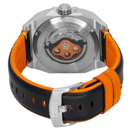 Orologio da uomo automatico AVI-8 Bell X-1 Machbuster con cinturino in gomma e pelle, quadrante arancione retrò, AV-4115-02