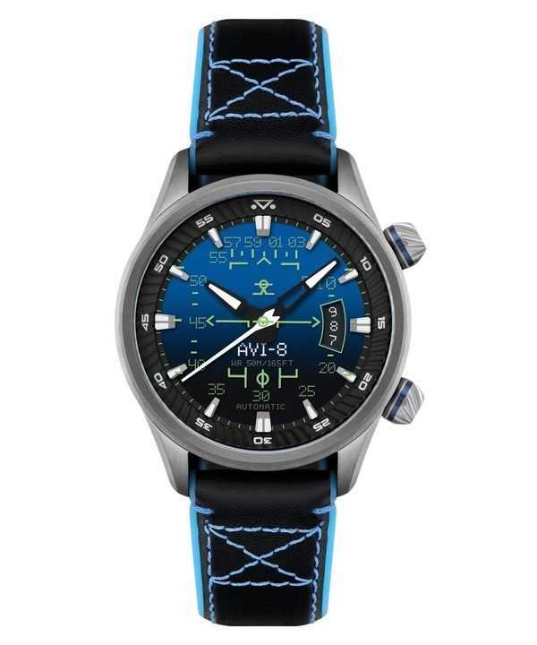 Orologio da uomo automatico AVI-8 Hawker Harrier HUD con cinturino in pelle e quadrante blu sfumato AV-4117-01