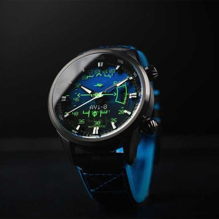 Orologio da uomo automatico AVI-8 Hawker Harrier HUD con cinturino in pelle e quadrante blu sfumato AV-4117-01